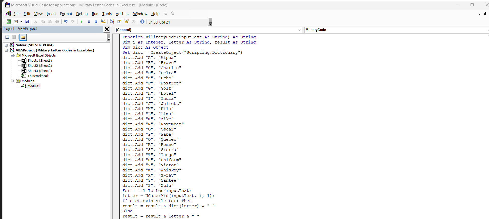 Military Letter Codes in Excel