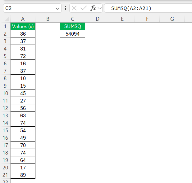 Sum of Squares in Excel