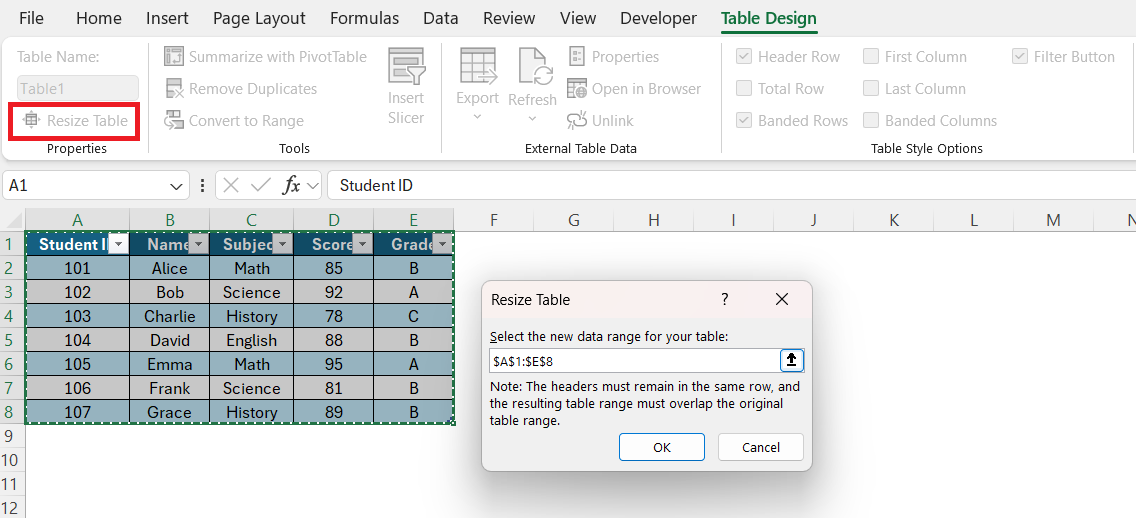 Edit Data Table in Excel