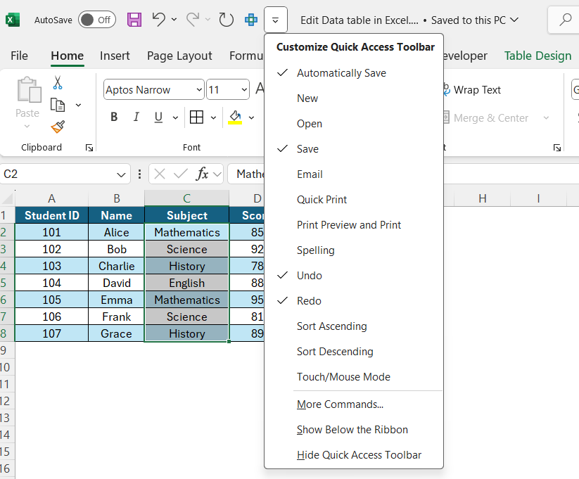 Edit Data Table in Excel