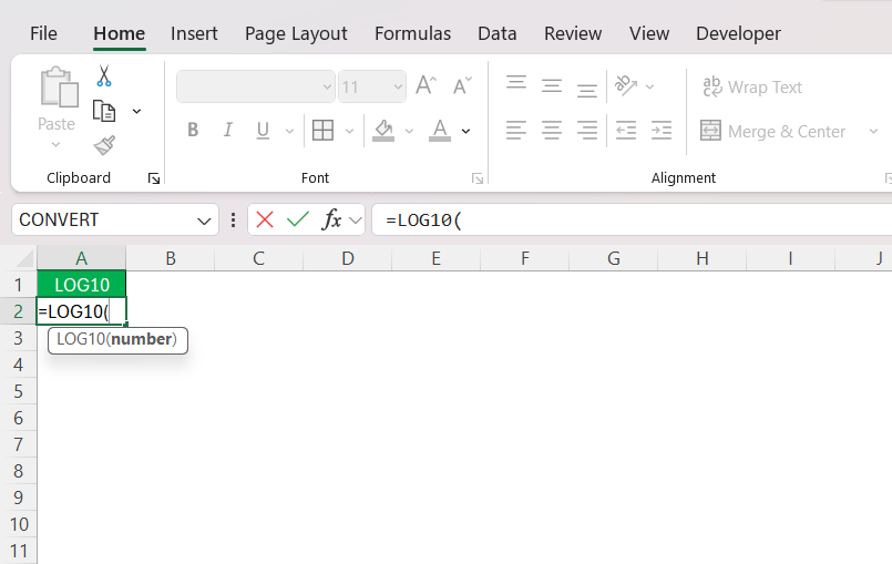 Log10 in Excel