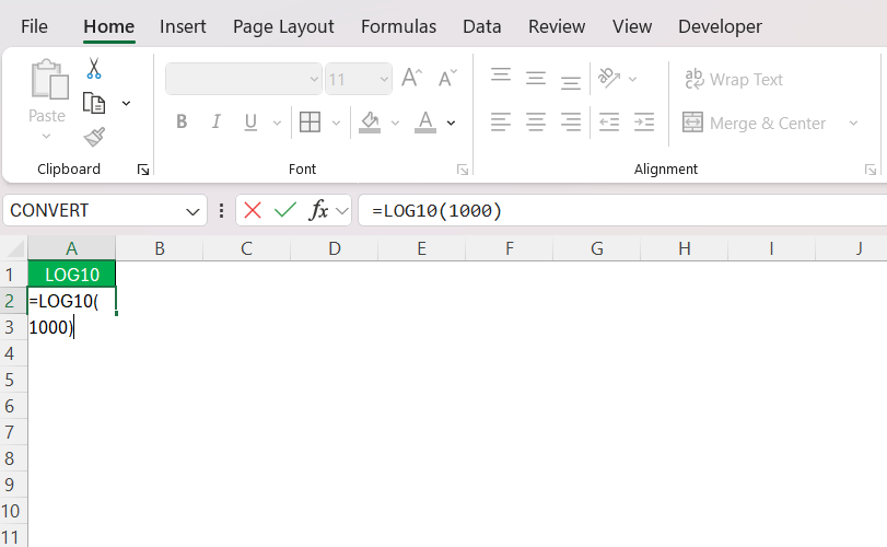 Log10 in Excel