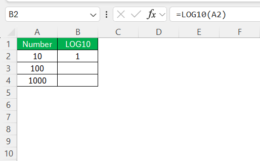 Log10 in Excel