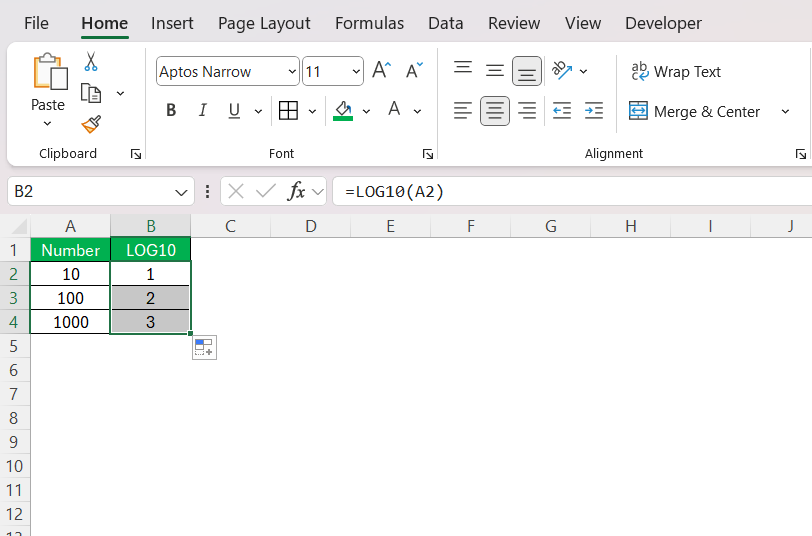 Log10 in Excel