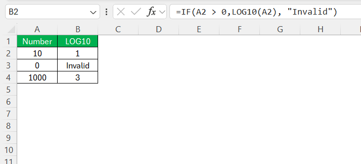 Log10 in Excel