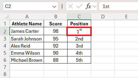 1st 2nd 3th in Excel