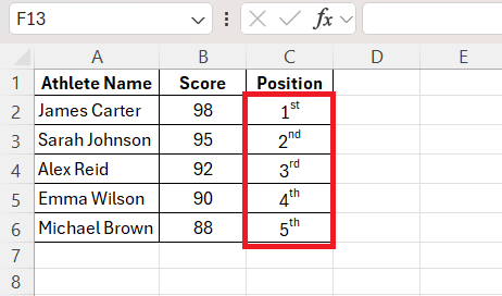1st 2nd 3rd in Excel