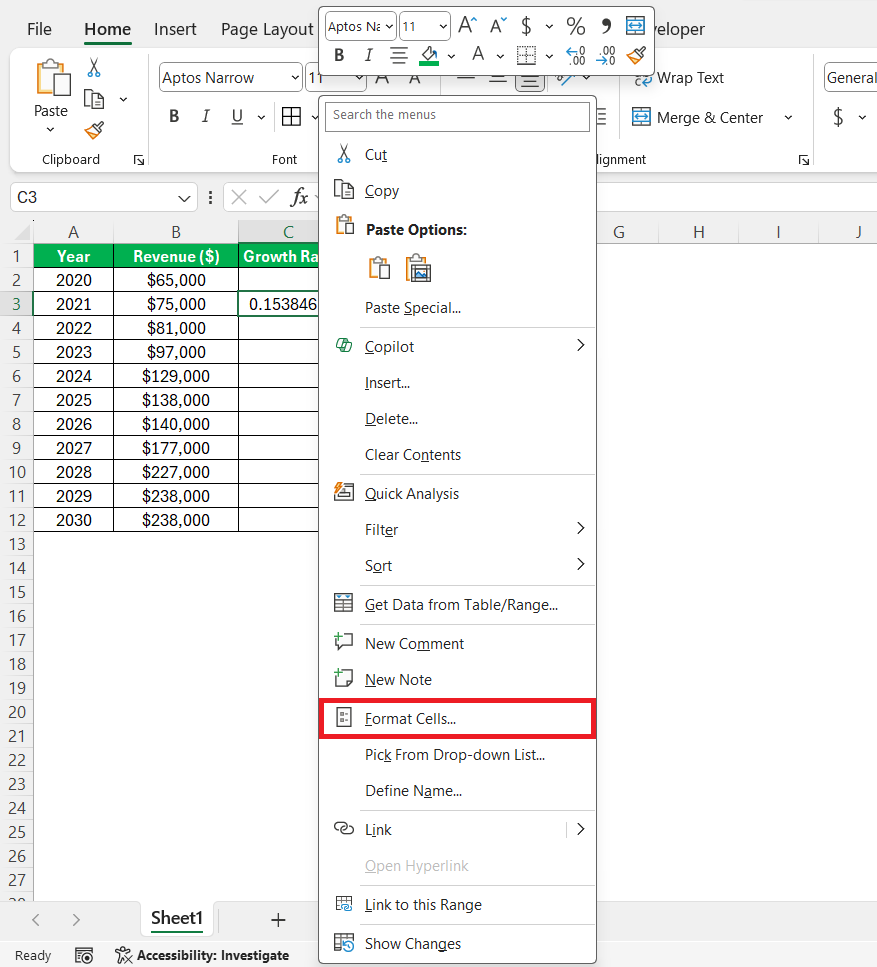 Growth Rate Formula in Excel