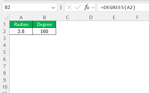 Radians to Degrees Formula in Excel