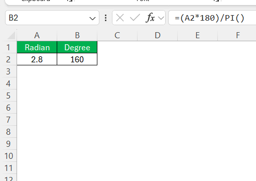 Radians to Degrees Formula in Excel
