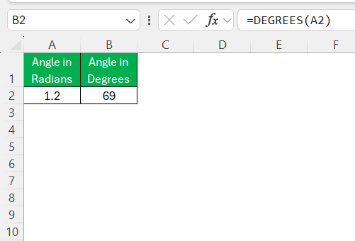Radians to Degrees Formula in Excel