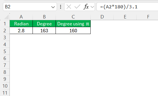 Radians to Degrees Formula in Excel