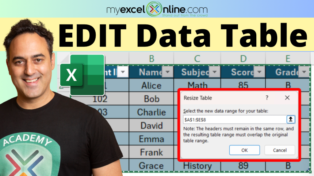 Edit data table in excel