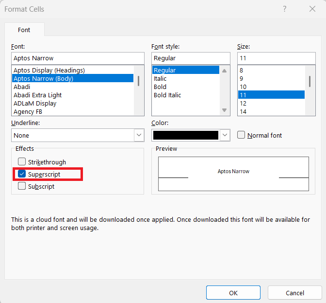 Superscript in Excel