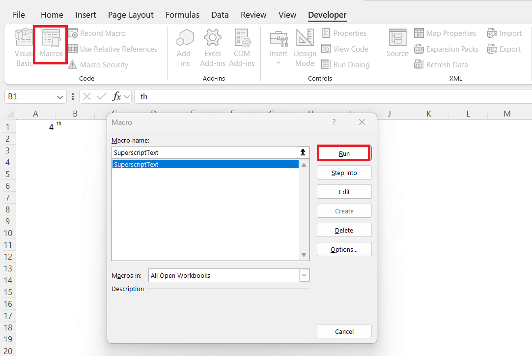 Superscript in Excel