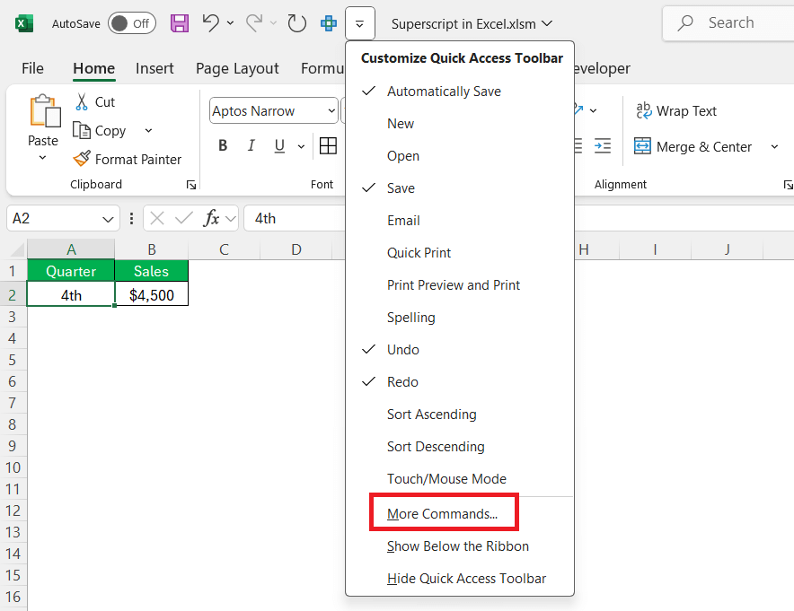 Superscript in Excel