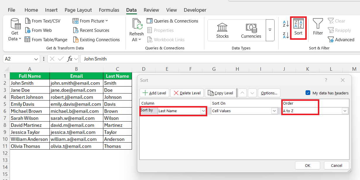 Sort by Last Name in Excel