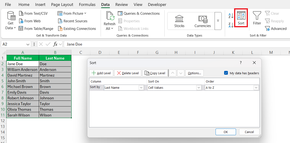 Sort by Last Name in Excel