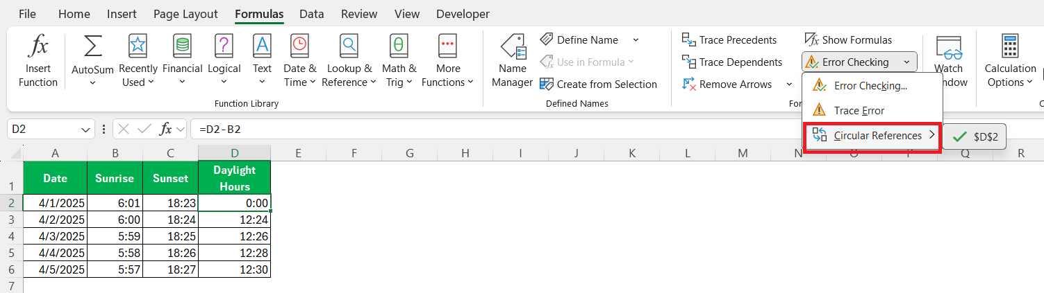 Daylight Hours from Sunrise to Sunset in Excel
