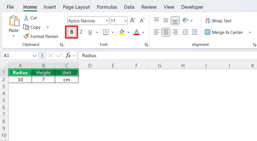Volume of a Cylinder in Excel