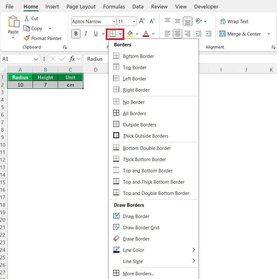 Volume of a Cylinder in Excel