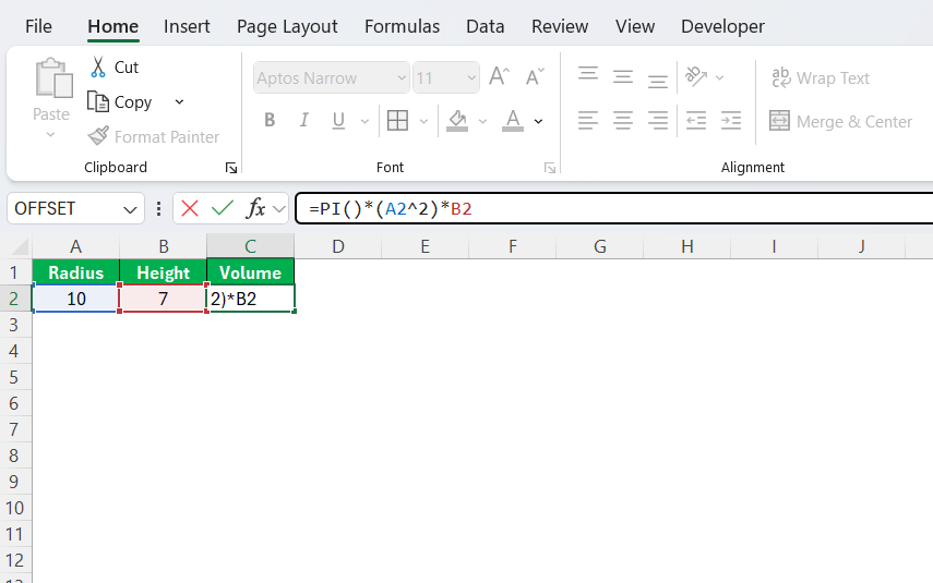 Volume of a Cylinder in Excel