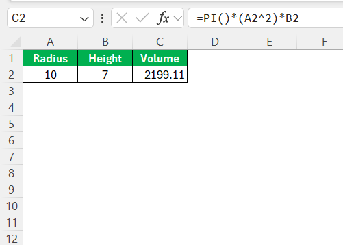 Volume of a Cylinder in Excel
