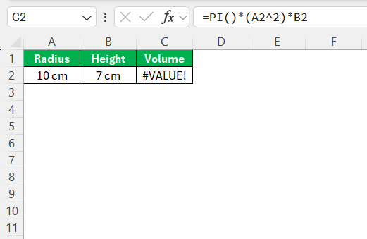Volume of a Cylinder in Excel