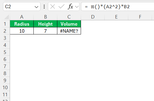 Volume of a Cylinder in Excel