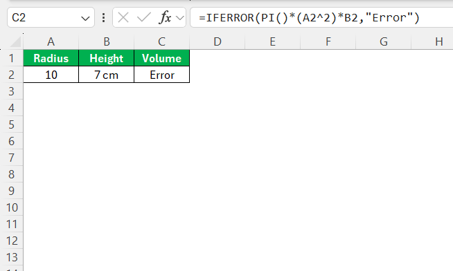 Volume of a Cylinder in Excel