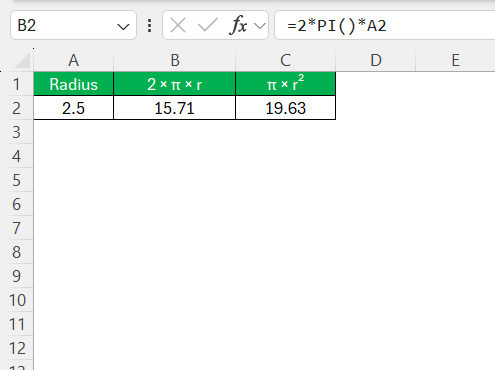 Circumference of a Circle in Excel