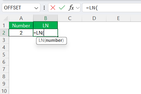 LN Function in Excel