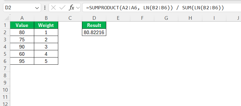 LN Function in Excel