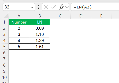 LN Function in Excel