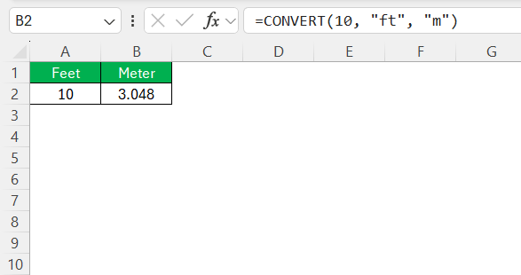 ft to m in Excel