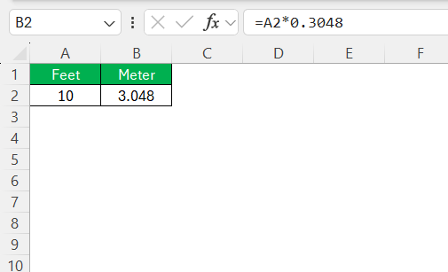 ft to m in Excel