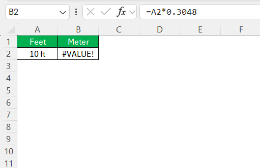 ft to m in Excel