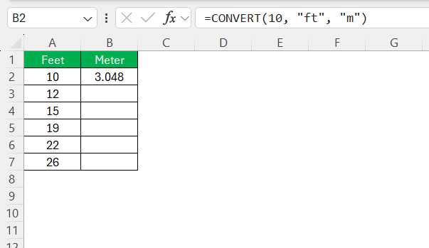 ft to m in Excel