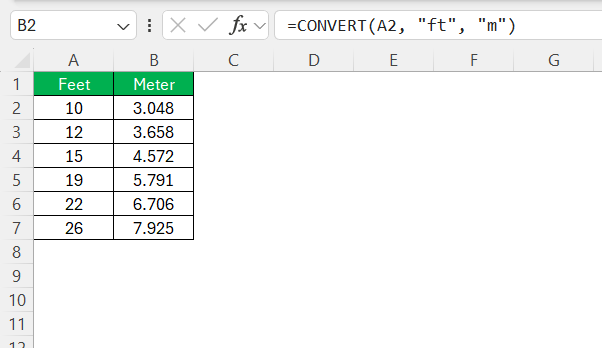 ft to m in Excel
