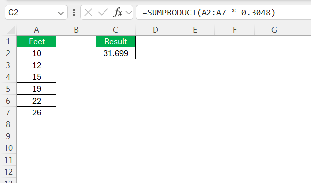 ft to m in Excel