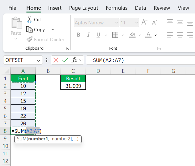 ft to m in Excel