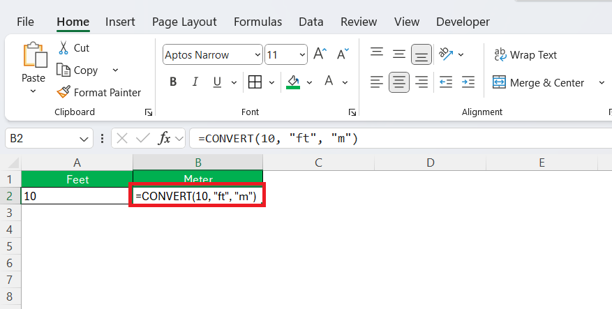 ft to m in Excel
