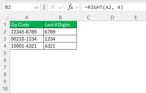 Last 4 Digits of Zip Code in Excel