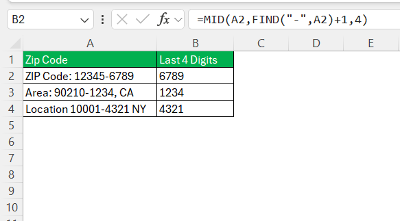 Last 4 Digits of Zip Code in Excel