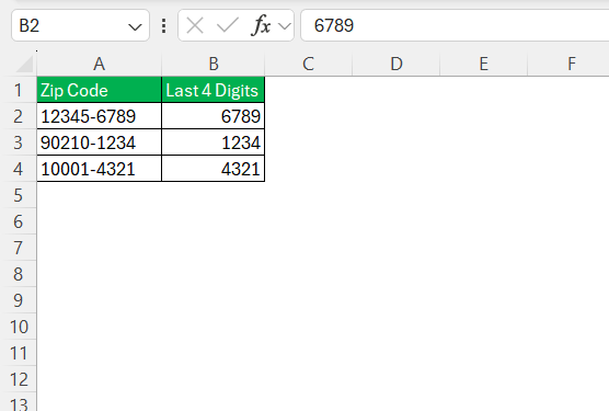 Last 4 Digits of Zip Code in Excel
