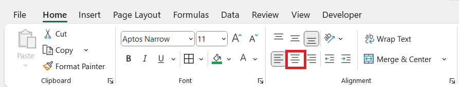 Centre Text Alignment in Excel