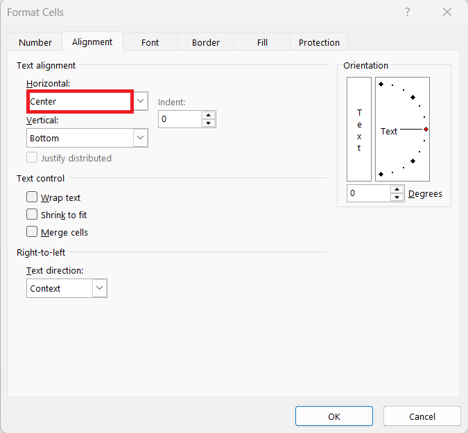 Centre Text Alignment in Excel