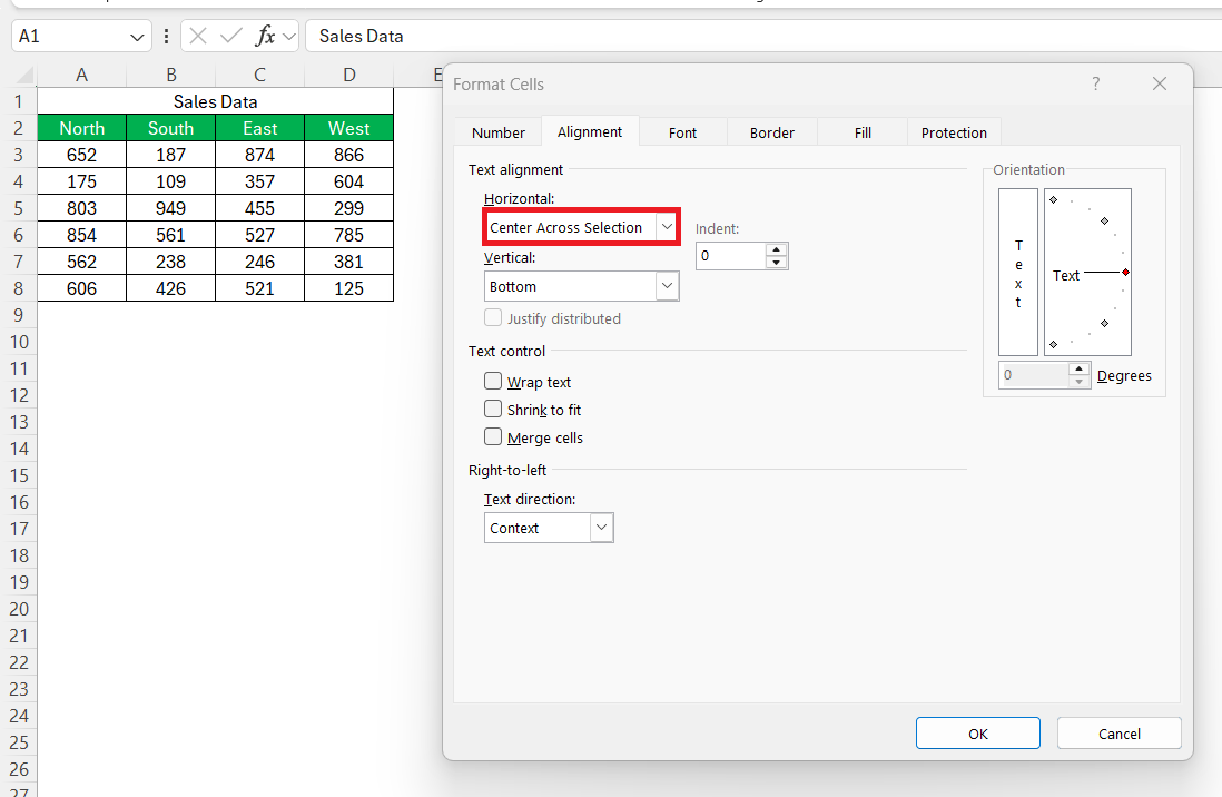 Centre Text Alignment in Excel