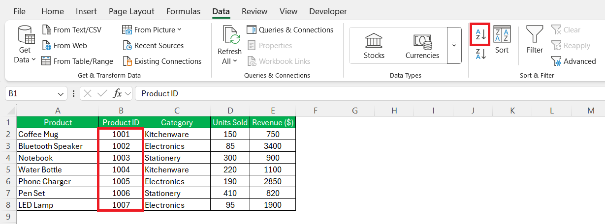 Numbers in Numerical Order in Excel
