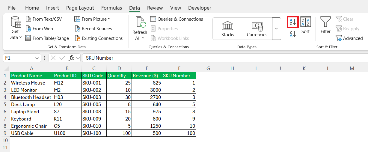 Numbers in Numerical Order in Excel
